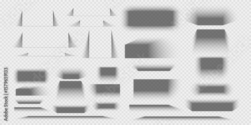 Set of rectangular packing box, poster, web banner or card shadow effects. Different blurred grey shapes. Soft shades isolated on transparent background. Vector realistic illustration.