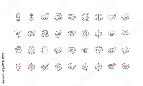 Brain, creative and eco mindset, training and neurology, Alzheimer disease line icon set. Nervous system cell, mental health, smart ideas thin black and red outline symbols vector illustration