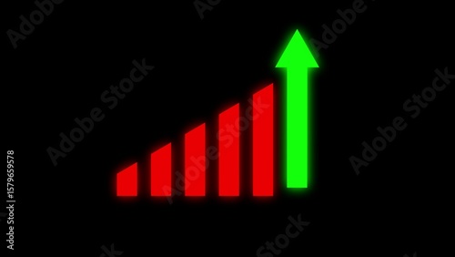 A graphic illustration of an upward trending financial chart with a rising green arrow against a solid black background representing growth and success.