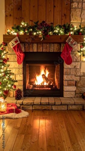 Festive Fireplace with Christmas Decorations and Warm Lighting in a Cozy Home