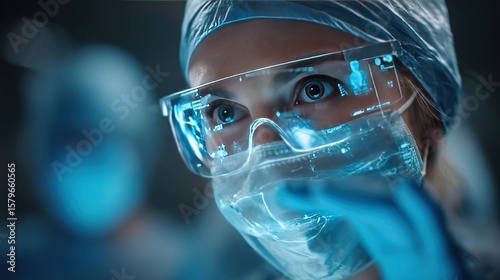In close-up shots, skilled surgeons use advanced transparent touch screens during complex operations, combined with augmented reality anatomical projections to achieve precision medicine.
