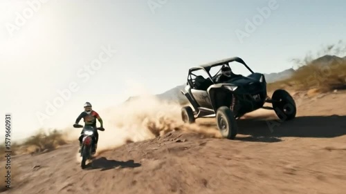 Polaris RZR and dirt bike lined up in a rugged off-road environment