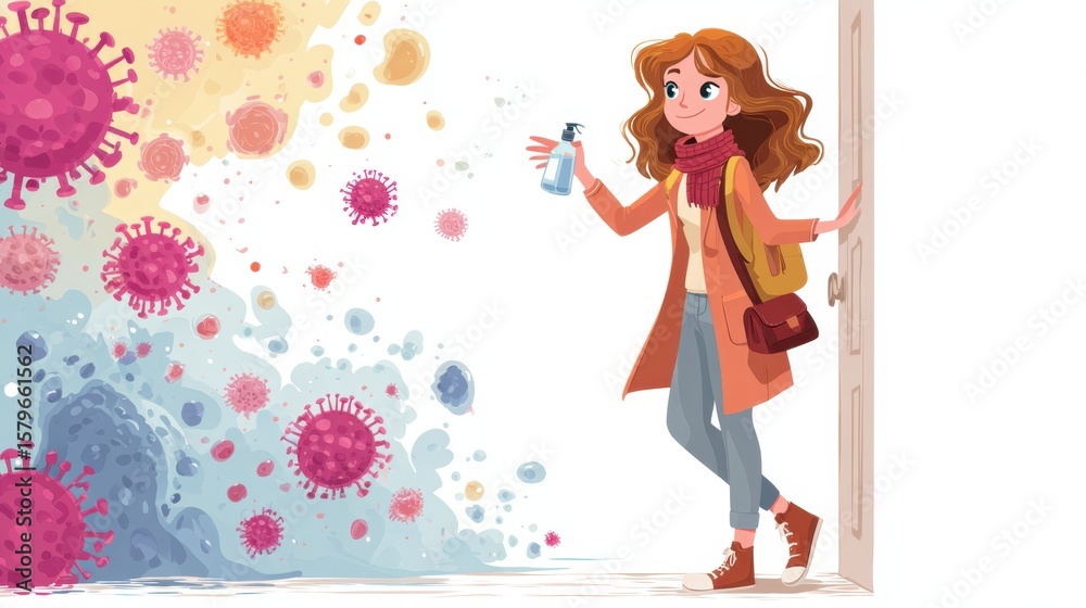 Pandemic Precautions: A stylish woman safeguards against viruses by sanitizing her surroundings as she is about to enter the room. The illustration communicates safety, awareness and public health Pandemic Precautions: A stylish woman safeguards against viruses by sanitizing her surroundings as she is about to enter the room. The illustration communicates safety, awareness and public health
