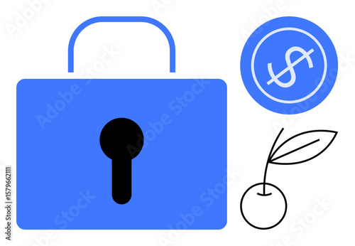 Blue lock with keyhole, dollar coin, and cherry branch conveys financial security, growth, and prosperity. Ideal for finance, investment, savings growth stability protection and simplicity. A