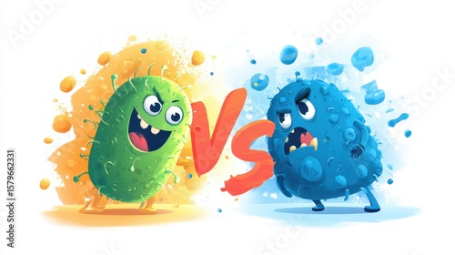 Microbe Showdown: Animated green and blue microbe characters face off in a fun cartoon battle, set against an orange 