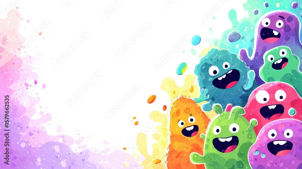 Fototapeta premium Friendly Microbes: Colorful and quirky microbes come alive in this cute illustration, bringing a fun, friendly face to science and health.