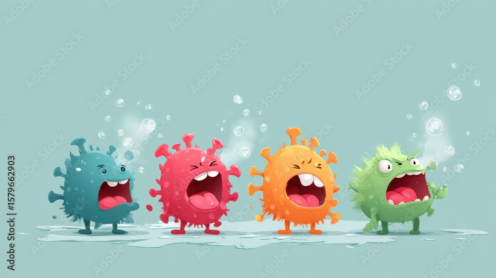 Fototapeta premium Animated microbes: An illustration capturing animated microbes, each radiating diverse expressions of menace and hostility