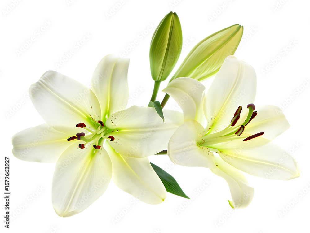 Fototapeta premium Two elegant white lilies with buds isolated on transparent background