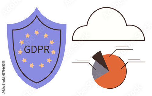 GDPR shield symbol alongside cloud outline and pie chart. Ideal for data protection, privacy, cloud storage, analytics, cybersecurity, compliance, and EU regulations. Simple flat metaphor