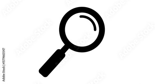 Simple black silhouette of a magnifying glass on a white background.