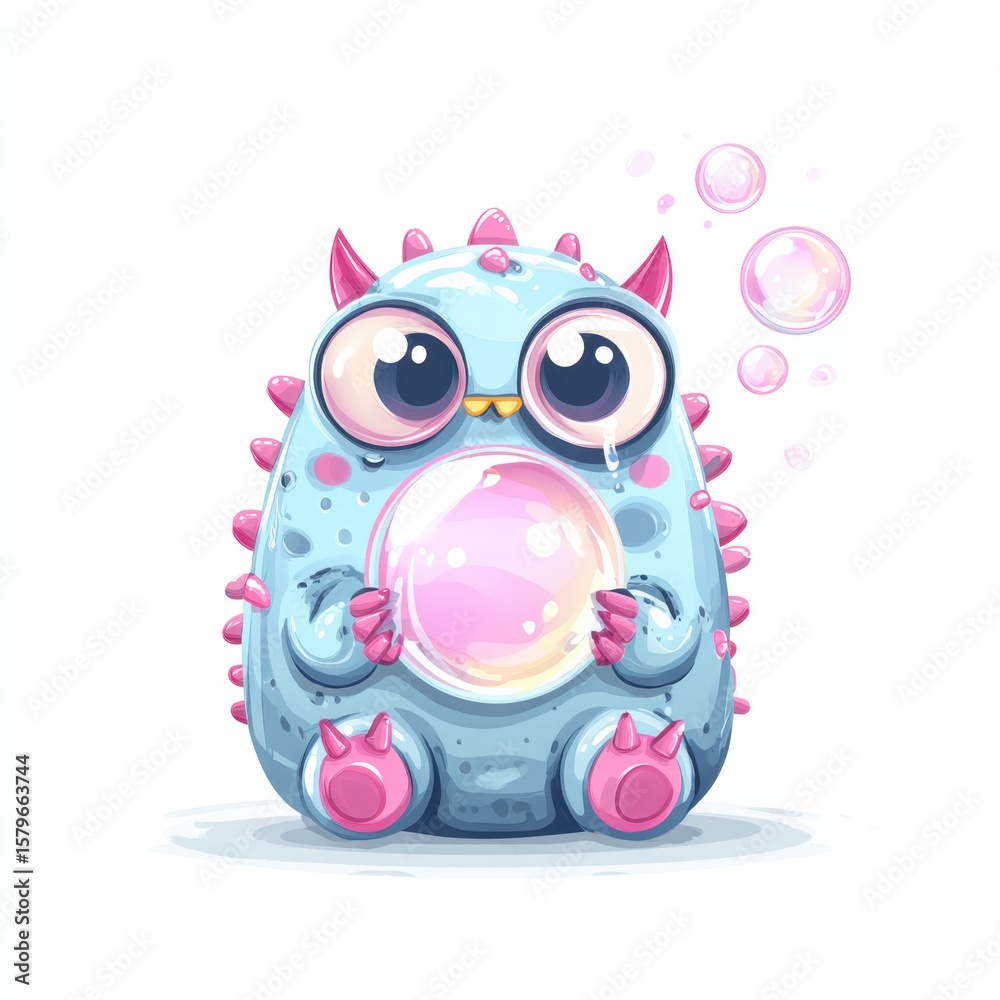 Fototapeta premium Bubbles' Playful Spectacle: A whimsical illustration depicts an endearing cartoon monster, with big eyes and an enchanting expression, playfully interacting with floating bubbles.