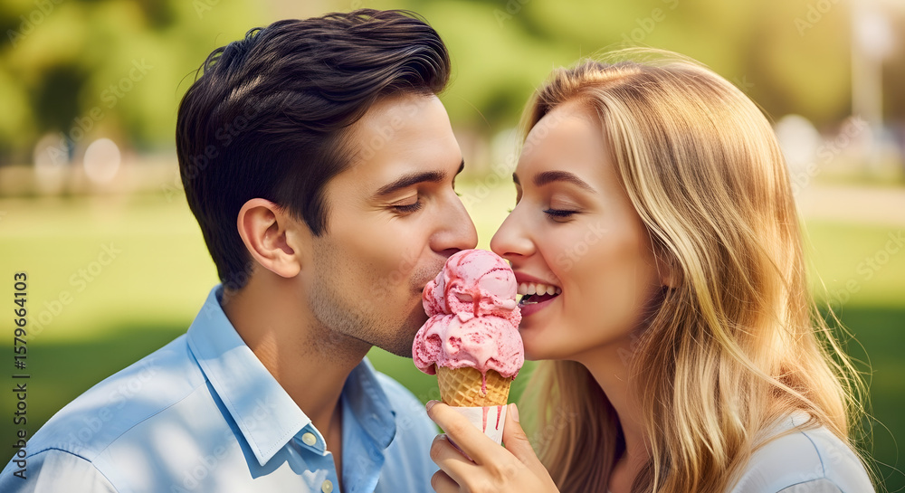 Young couple sharing ice cream while smiling in sunny park Young couple sharing ice cream while smiling in sunny park