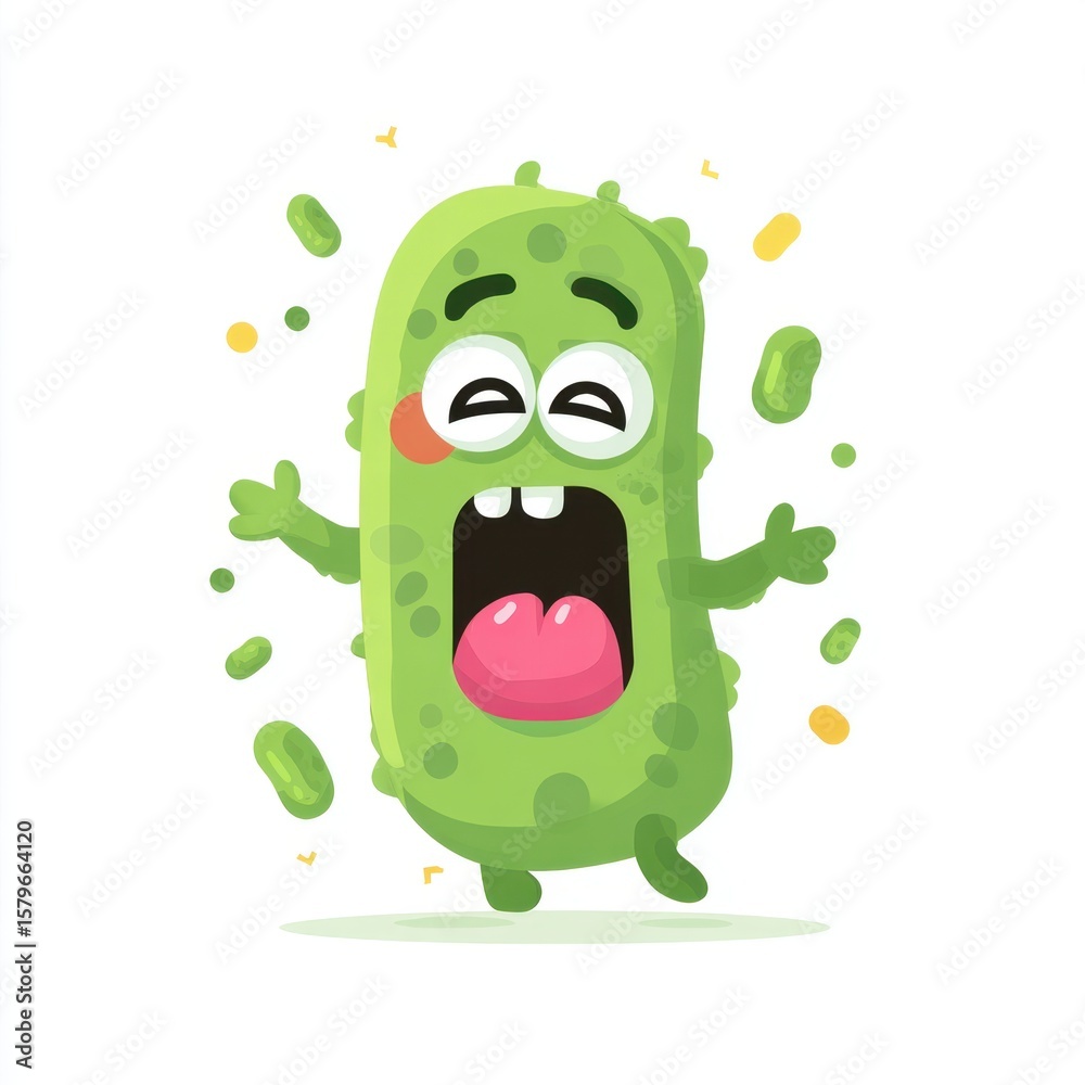 Fototapeta premium Exasperated Germ: A cartoon germ explodes with surprise and shock, his wide-open mouth and wild expression capturing the moment's intensity, adding humor to the illustration