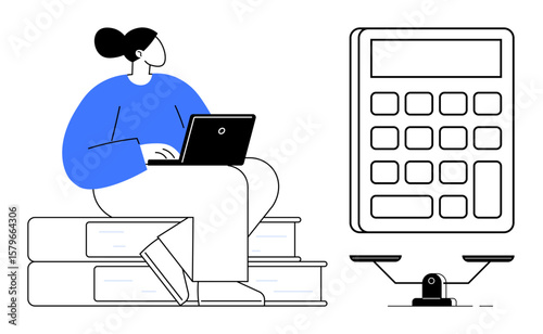 Woman seated on stacked books working on a laptop alongside a large calculator and a balanced scale. Ideal for education, financial planning, productivity, knowledge, learning, evaluation, simple