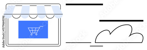 Storefront facade with awning, shopping cart icon on screen, and surrounding cloud illustration. Ideal for e-commerce, digital business, online retail, cloud technology, SaaS, commerce strategy