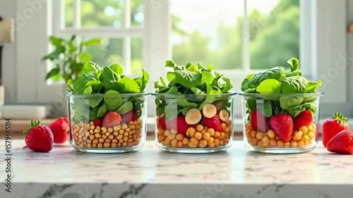 Three bowls featuring spinach, strawberries, and chickpeas sit perfectly arranged in a bright kitchen, showcasing wholesome ingredients for healthy eating and nutritious lifestyles.