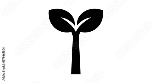 Simple black silhouette of a young plant sprout with two leaves.