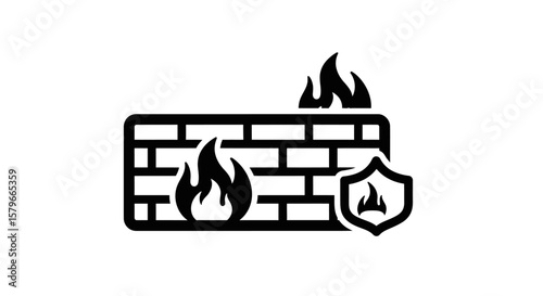 Firewall under cyber attack, flames breaching defenses, shield protection.