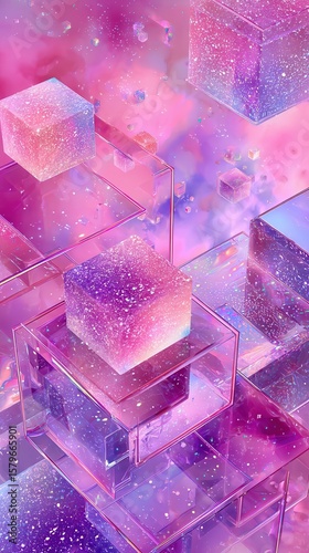 K-pop idol group reality show poster background, pink and holographic color scheme, abstract geometric shapes, surreal floating mystery boxes, sparkling glitter particles, neon.