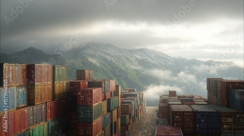 Vertical container stacks forming a mountain landscape on ship deck, nature meets industry.