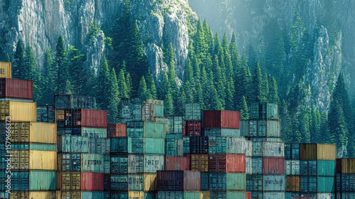 Vertical container stacks forming a mountain landscape on ship deck, nature meets industry.