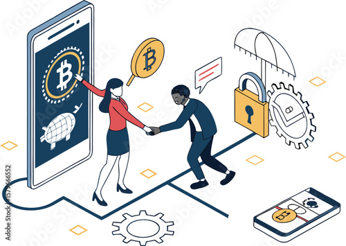 Businessmen shaking hands over bitcoin and security cryptocurrency finance