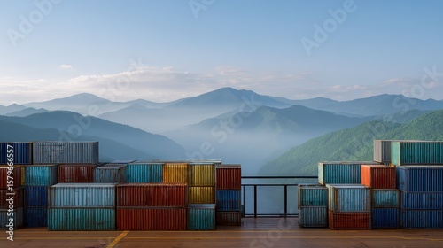 Vertical container stacks forming a mountain landscape on ship deck, nature meets industry.