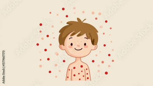 Child with Measles Rash: A cheerful illustration of a young boy with a measles rash, surrounded by small red dots, emphasizing the importance of vaccination and childhood health.
