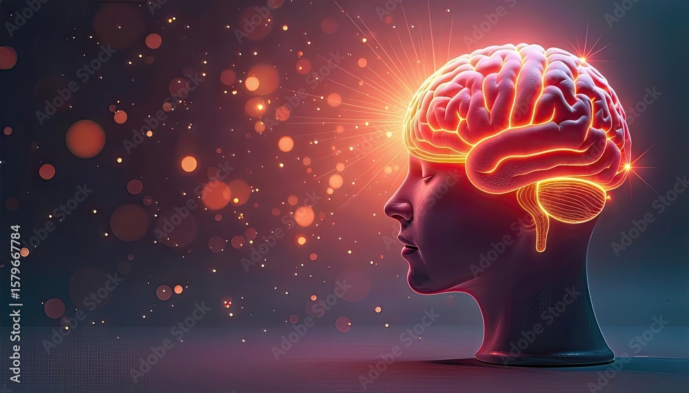 Obraz premium Human profile with a glowing brain and abstract elements surrounding it.