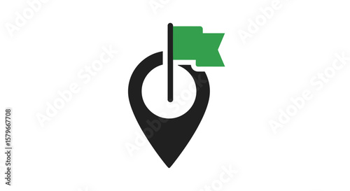 A simplistic graphic representation of a location marker with a green flag, signifying a destination.