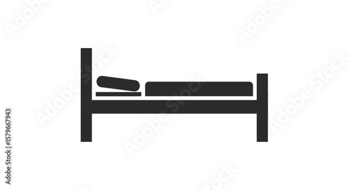 Simple black and white icon depicting a bed with a pillow and mattress.