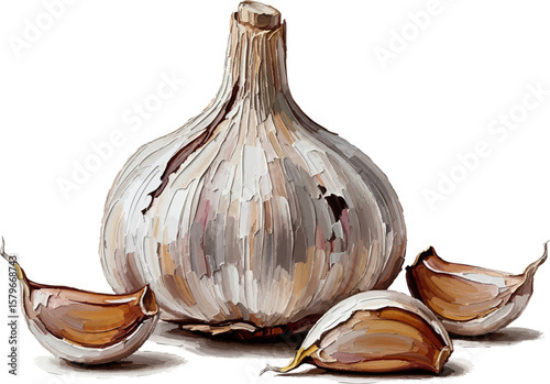Garlic Head and Cloves with oil painting