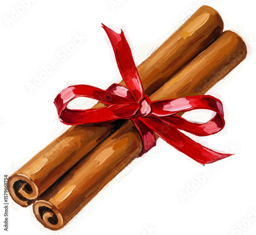 Cinnamon Sticks with Ribbon with oil painting