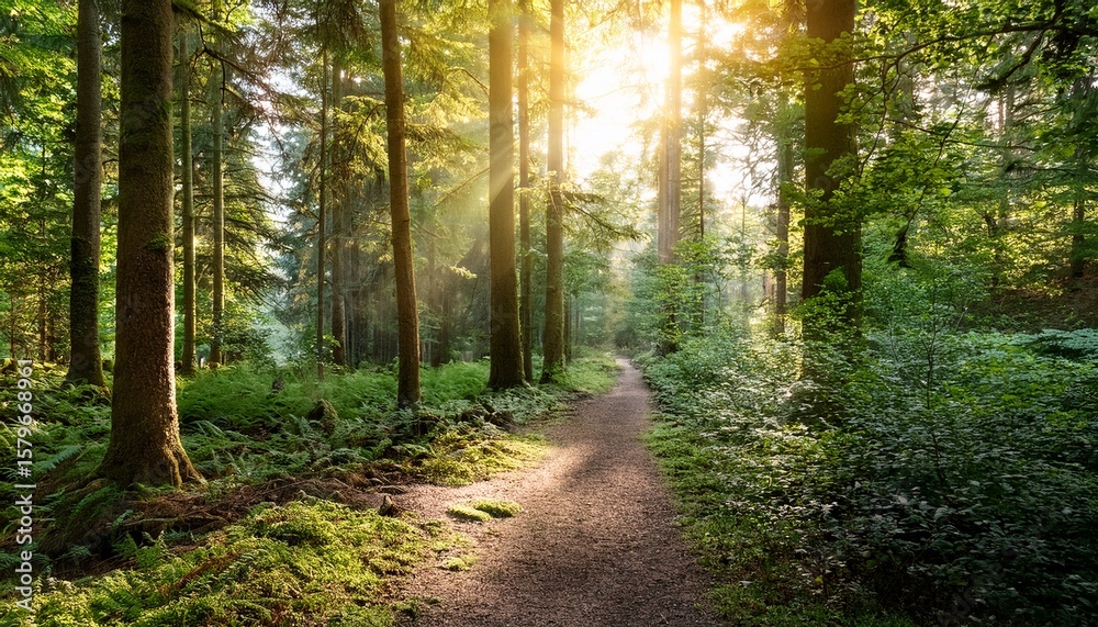 Obraz premium sunlight streams through dense forest illuminating the serene path