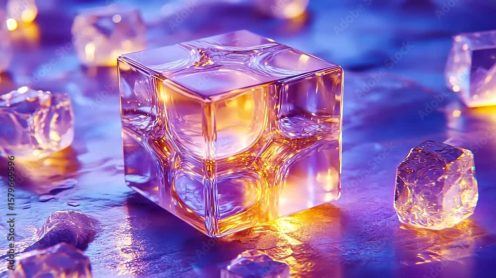 Illuminated Ice Cube: Abstract Still Life with Vibrant Purple and Orange Tones