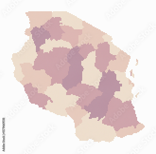 Tanzania dotted map. Digital style map of the country on white background. Tanzania shape with circle dots. Colored dots style. Small size circles. Simple vector illustration.