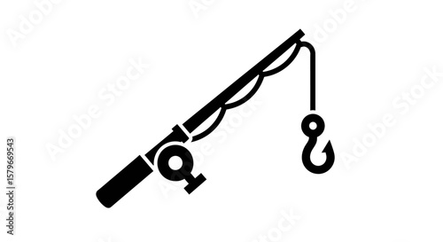 A simple, black and white illustration of a fishing rod with a hook, ready to catch fish.