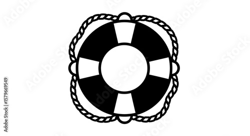 A simple black and white graphic of a life preserver with a rope border, isolated.