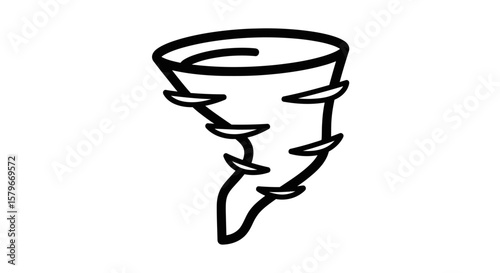Simple black and white illustration of a swirling tornado, depicted against a plain white background.