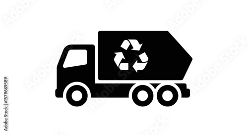 A black silhouette of a garbage truck with a recycling symbol on the side.