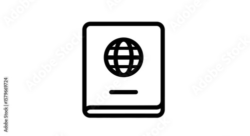 A minimalist line drawing depicts a passport with a globe icon on the cover, symbolizing international travel and identification.