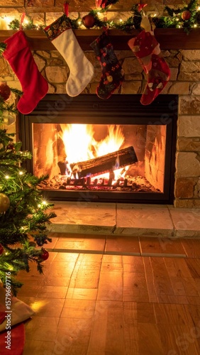 Glowing Fireplace Scene with Christmas Stockings and Decorated Tree Indoors