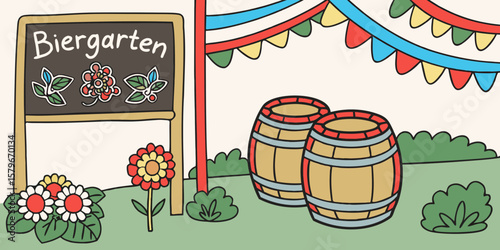 Festive Biergarten decoration featuring colorful ribbons, vibrant flowers, wooden beer barrels, and a charming menu board creating a lively outdoor atmosphere for gatherings