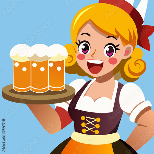 Waitress in traditional dirndl holds a tray with three frothy beer mugs, smiling joyfully as guests applaud in a festive atmosphere celebrating beer culture