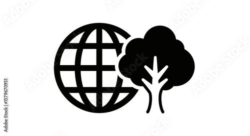 A black and white graphic icon showing a globe with latitude and longitude lines next to a stylized tree.