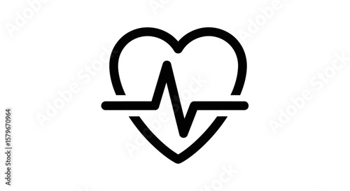 A black and white minimalist icon depicting a heart with an electrocardiogram (ECG) line running through it.