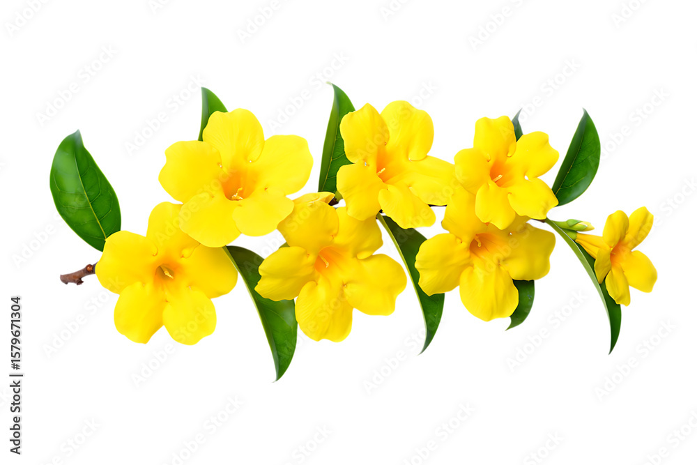 Obraz premium Branch of vibrant yellow allamanda flowers with green leaves isolated on transparent background