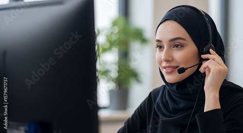Smiling Muslim woman in hijab using headset for customer service