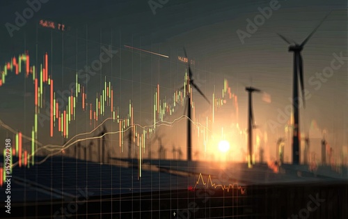 Renewable energy investment graph sunset farm.  Possible use Stock photo
