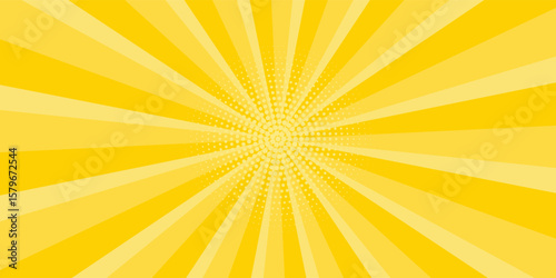 Yellow abstract background with light of sunburst. yellow starburst with halftone. sun ray retro background with flash